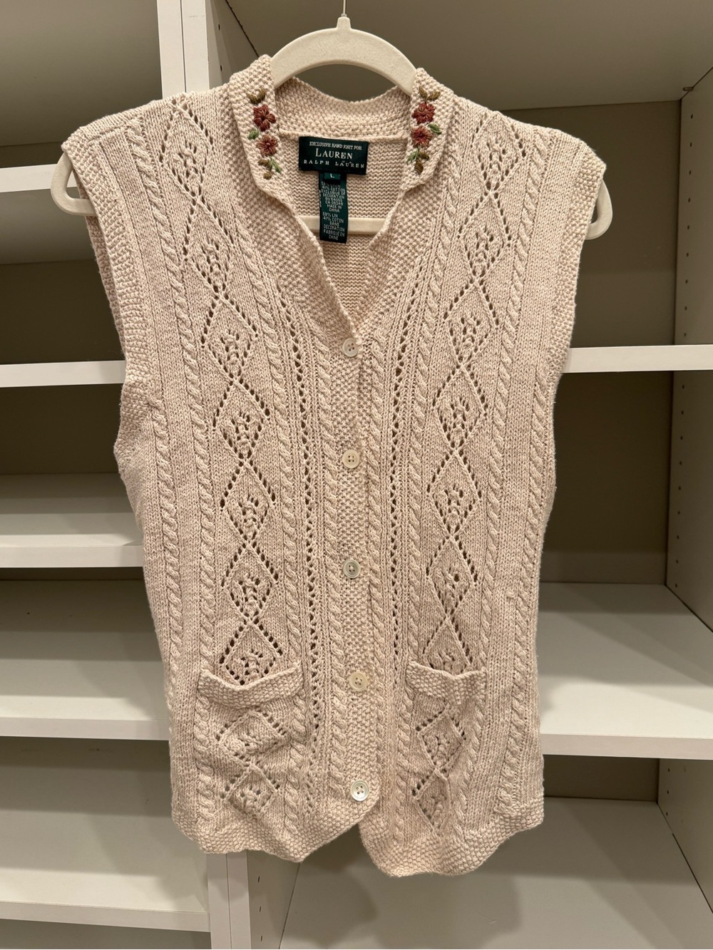 VTG Lauren Ralph Lauren Hand Knit Embroidered Linen Blend Sweater Vest, Size L
